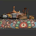 Decorative Long Tray With Various Foods And Colorful Patterned Design