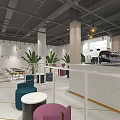Modern Cafe Interior Design With Green Plants Wooden Shelves And Comfortable Seating