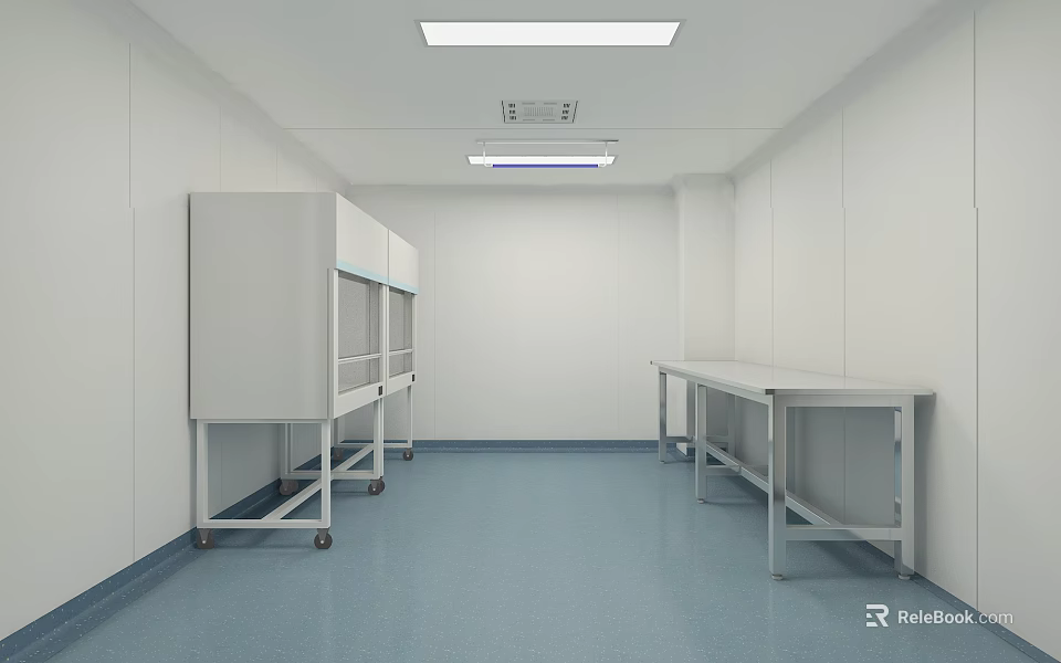 Laboratory Interior With White Walls Blue Floor Rolling Glass Door Cabinets And Metal Workbenches 3d model 