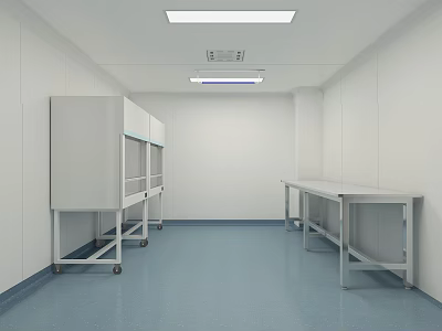 Laboratory Interior With White Walls Blue Floor Rolling Glass Door Cabinets And Metal Workbenches 3d model