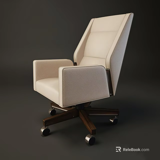Modern Beige Office Chair With Padded Armrests Wooden Base And Swivel Casters 3d model 
