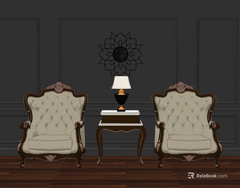 Classic Leisure Armchair Set With Wooden Coffee Table And Lamp Against Dark Wall Floral Decor 3d model