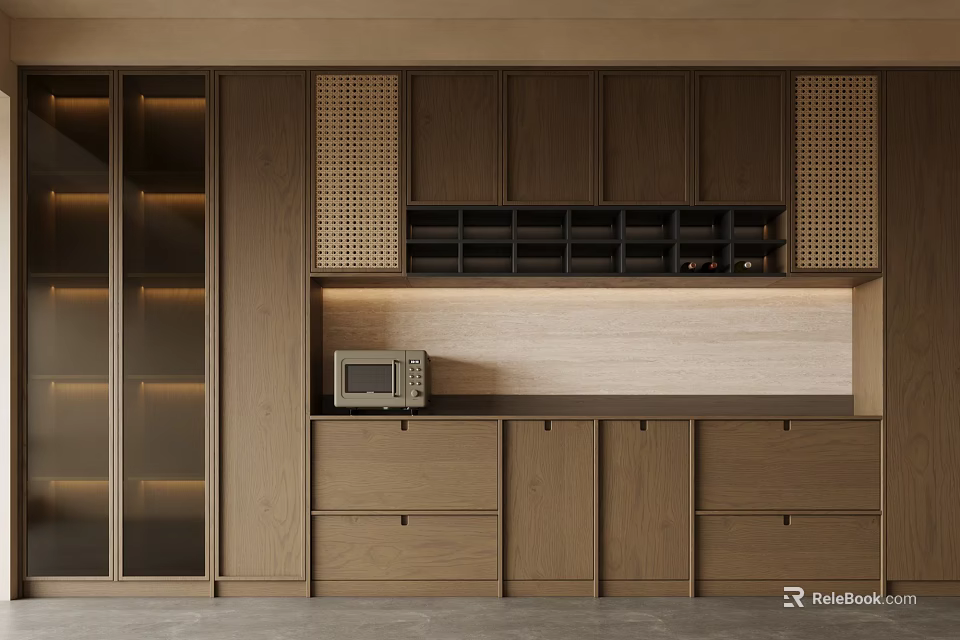 Modern Wooden Wine Cabinet with Glass Doors Display Shelves and Storage Drawers 3d model 