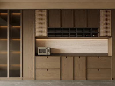 Modern Wooden Wine Cabinet with Glass Doors Display Shelves and Storage Drawers 3d model