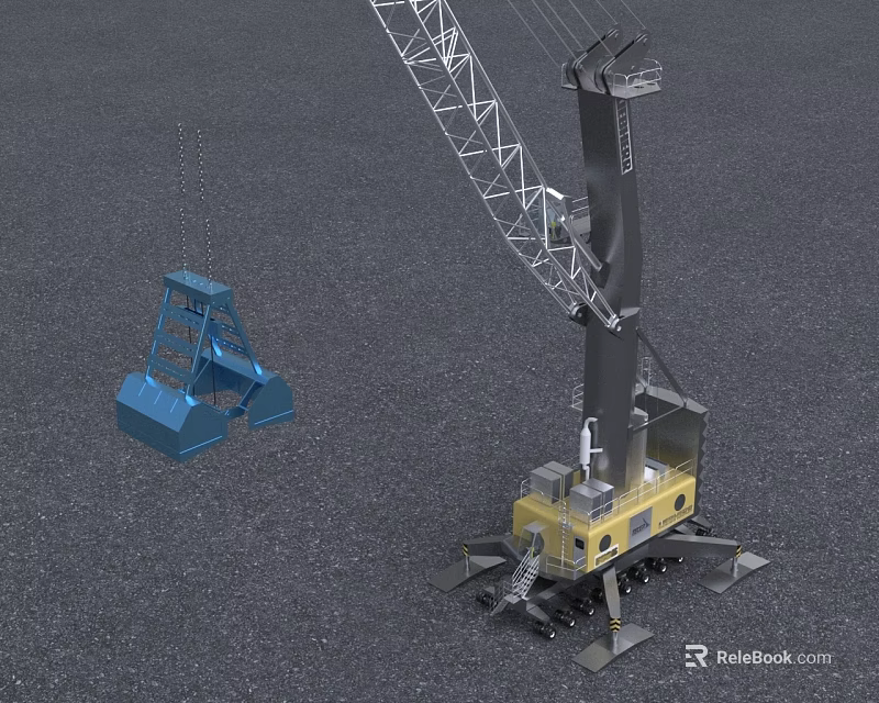 Industrial Crane Equipment With Blue Grab Bucket Yellow Base Metal Frame And Boom Structure 3d model 