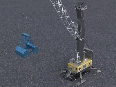 Industrial Crane Equipment With Blue Grab Bucket Yellow Base Metal Frame And Boom Structure 3d model