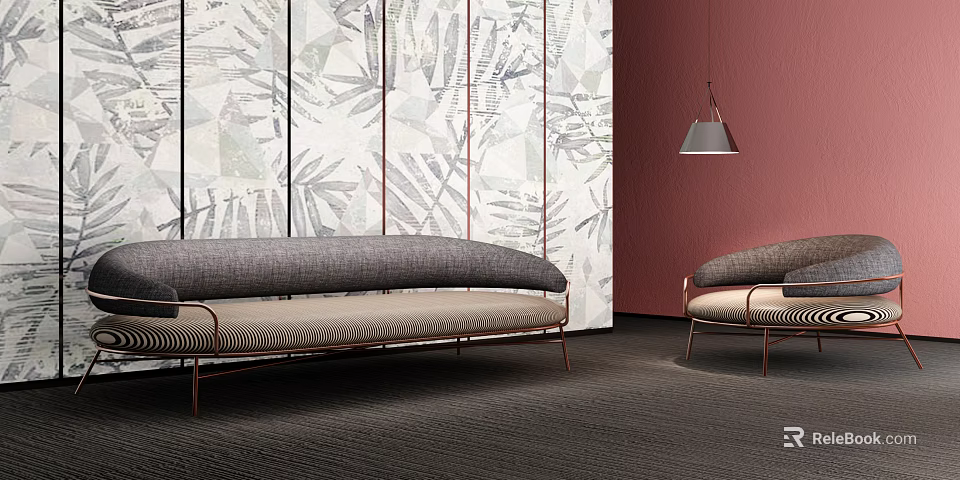 Modern Sofa Set With Gray Beige Upholstery Copper Frame And Leaf Pattern Wallpaper 3d model 