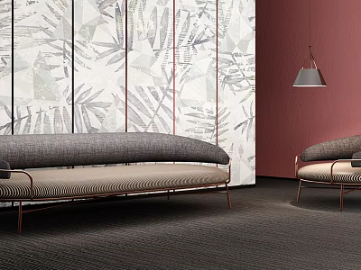 Modern Sofa Set With Gray Beige Upholstery Copper Frame And Leaf Pattern Wallpaper 3d model