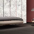 Modern Sofa Set With Gray Beige Upholstery Copper Frame And Leaf Pattern Wallpaper