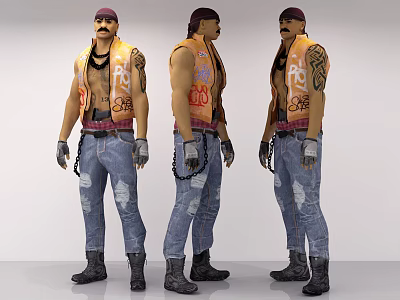 Game Movie Character With Orange Vest Arm Tattoos Ripped Jeans And Black Boots 3d model