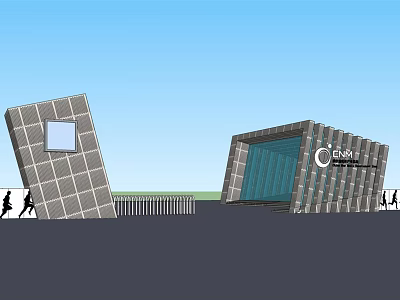 Modern Entrance Gate With Grid Patterned Buildings Glass Panel Center Sign And Blue Sky 3d model