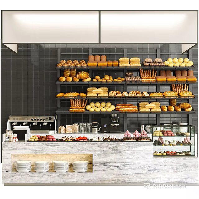 Bustling Commercial Street Bakery Showcasing Various Breads Pastries On Display Shelves And Marble Counter 3d model 