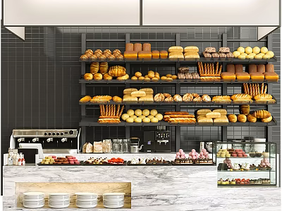 Bustling Commercial Street Bakery Showcasing Various Breads Pastries On Display Shelves And Marble Counter 3d model