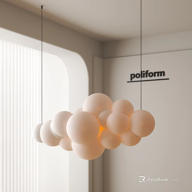 Modern Sphere Shaped Chandelier in White Interior with Curved Corners and Poliform 3d model 