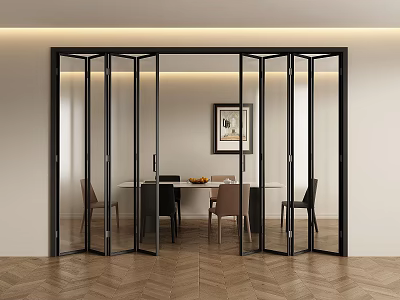 Black Frame Glass Folding Doors Open To Modern Dining Room With Table And Chairs 3d model