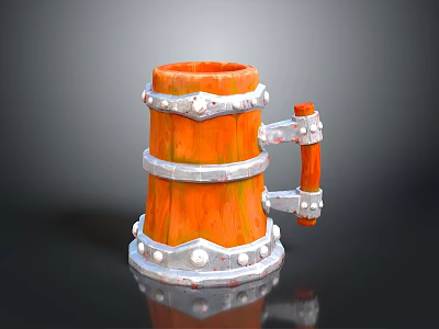 Orange Wooden Mug Design With Silver Metal Rings And Decorative Handle 3d model