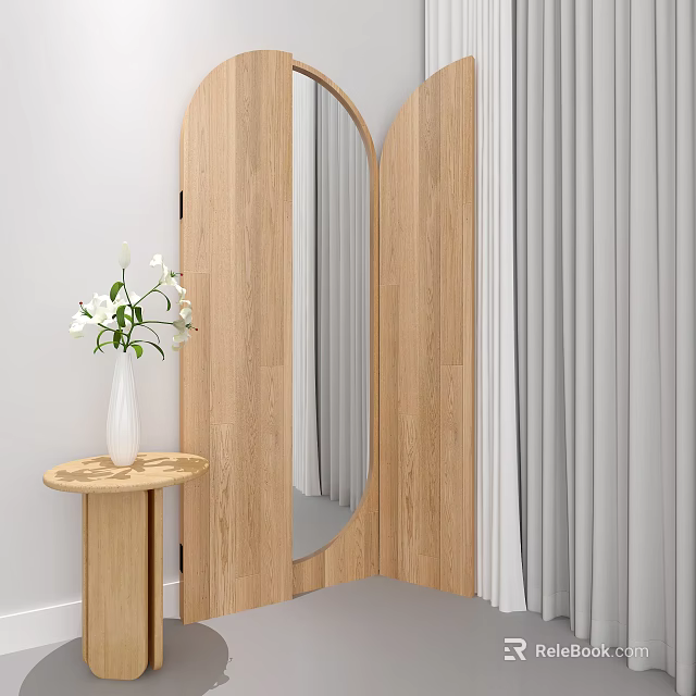 Modern Wooden Frame Mirror With Round Side Table White Vase Flowers And Gray Curtains 3d model 
