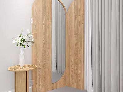 Modern Wooden Frame Mirror With Round Side Table White Vase Flowers And Gray Curtains 3d model