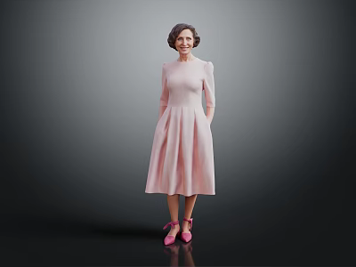Woman in Pink Dress and Pink Shoes Standing Against Grey Background 3d model