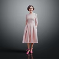 Woman in Pink Dress and Pink Shoes Standing Against Grey Background