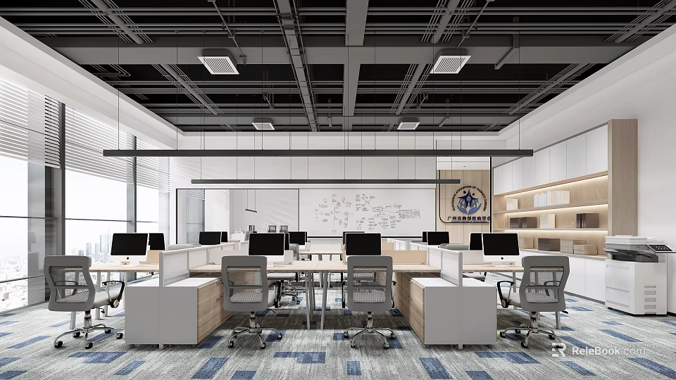 Public Office Space With Open Layout Workstations Computers Desks Chairs Whiteboard Bookshelves Blue White Carpet 3d model 
