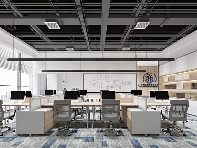 Public Office Space With Open Layout Workstations Computers Desks Chairs Whiteboard Bookshelves Blue White Carpet 3d model
