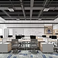 Public Office Space With Open Layout Workstations Computers Desks Chairs Whiteboard Bookshelves Blue White Carpet