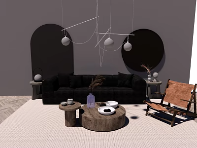 Modern Black Sofa Round Wooden Coffee Table With Armchair Chandelier And Decor On Rug 3d model