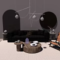Modern Black Sofa Round Wooden Coffee Table With Armchair Chandelier And Decor On Rug