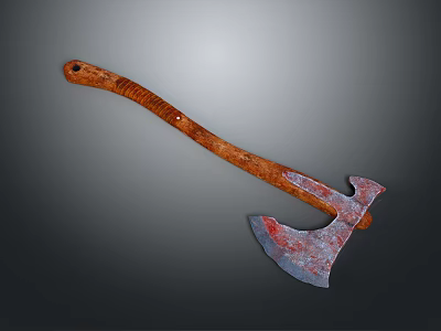 Rustic Wooden Handle Axe With Red Stained Blade As Traditional Weapon 3d model