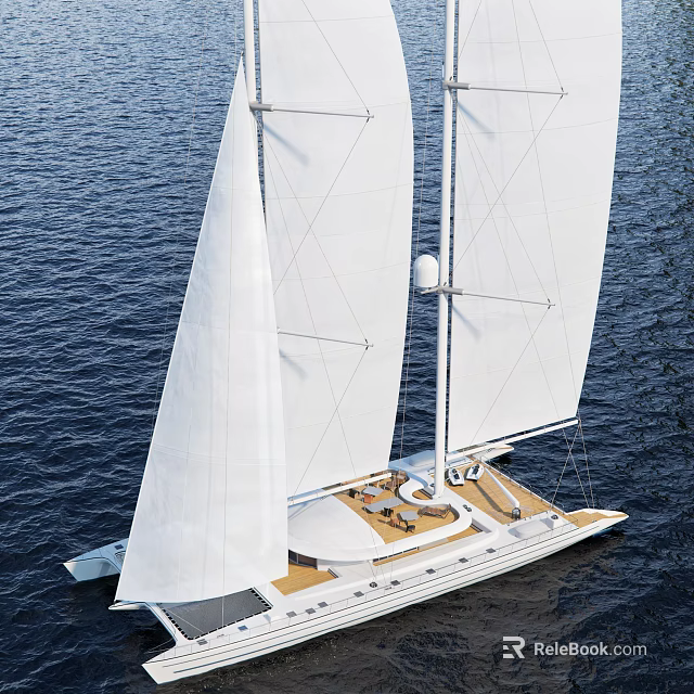 Catamaran Sailboat Featuring White Sails Spacious Deck Navigating On Calm Blue Ocean For Leisure Sailing 3d model 
