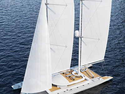 Catamaran Sailboat Featuring White Sails Spacious Deck Navigating On Calm Blue Ocean For Leisure Sailing 3d model