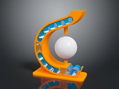 Modern Architectural Structure with Curved Orange Frame White Sphere and Blue Elements Perforated Grid Base 3d model