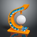 Modern Architectural Structure with Curved Orange Frame White Sphere and Blue Elements Perforated Grid Base