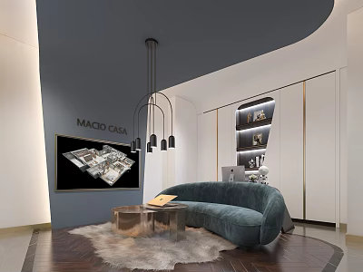 Modern Public Office Area With Blue Sofa Round Coffee Table And Bookshelves 3d model