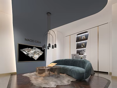 Modern Public Office Area With Blue Sofa Round Coffee Table And Bookshelves 3d model