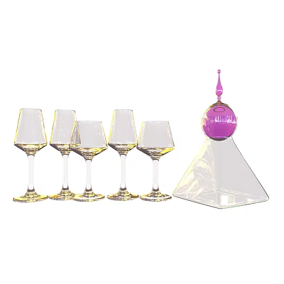 Elegant Whiskey Bottle with Purple Accent and Transparent Pyramid Base and Golden Stem Wine Glasses 3d model