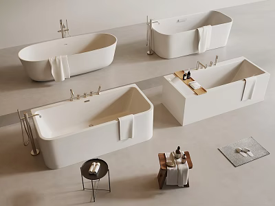 Modern White Bathtubs With Towels Side Tables Bath Mats And Accessories 3d model