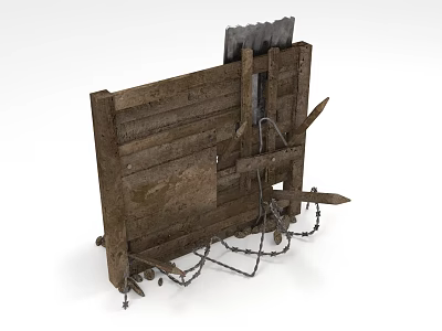 Weathered Wooden Architectural Component With Metal Strips And Hanging Chains 3d model
