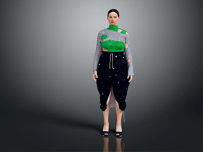 Woman Wearing Green Gray Top Black Pants Drawstring Split Design High Heels Gray Background 3d model