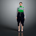 Woman Wearing Green Gray Top Black Pants Drawstring Split Design High Heels Gray Background