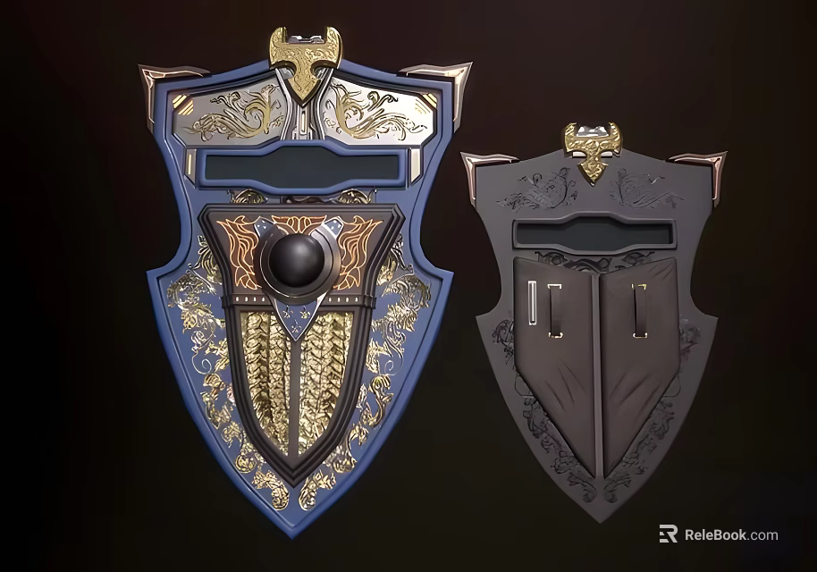 Artistic Ornate Shields Featuring Detailed Intricate Blue Gold And Black Designs 3d model 