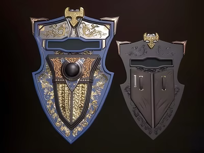Artistic Ornate Shields Featuring Detailed Intricate Blue Gold And Black Designs 3d model