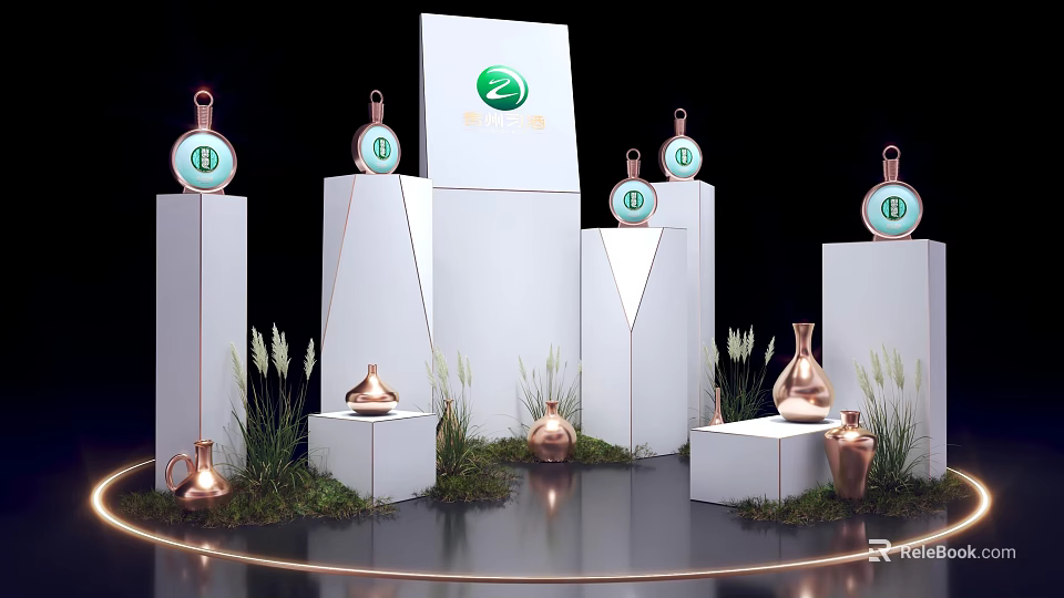 Modern Multi Level Display Stand With Copper Bottles Green Logo And Grass Decoration 3d model
