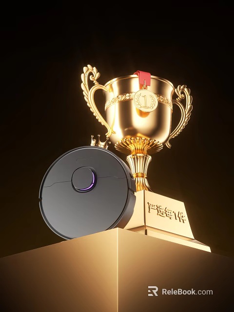Golden Trophy With Red Ribbon And Black Robot Vacuum On Base 3d model 