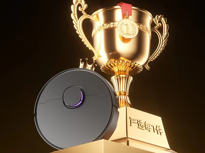 Golden Trophy With Red Ribbon And Black Robot Vacuum On Base 3d model