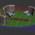 Enclosed Area With Stone Walls Wooden Gate And Grazing Sheep On Green Grass