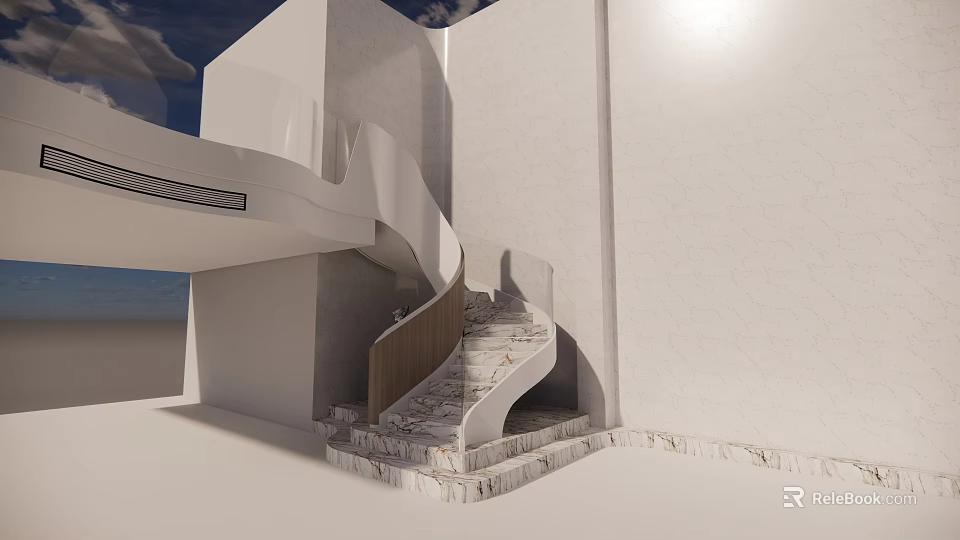Modern Spiral Staircase Design With White Architecture Stone Steps And Wooden Handrail 3d model 