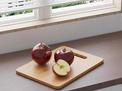 Red Apples And Sliced Apple On Wooden Cutting Board Near Window 3d model