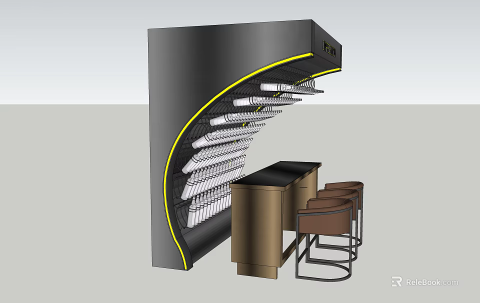 Modern Curved Wine Cabinet With Black Gold Design And Bar Counter Stools 3d model 